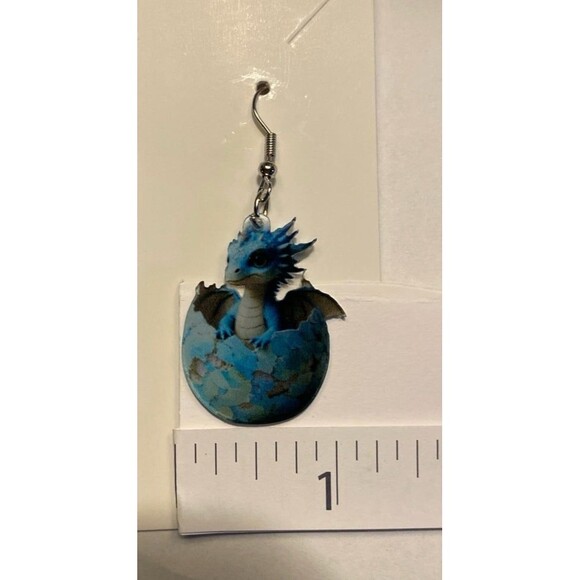 Blue Baby Dragon Hatching from Reptile Egg Earrings Dangle Quirky Whimsical - Picture 7 of 7